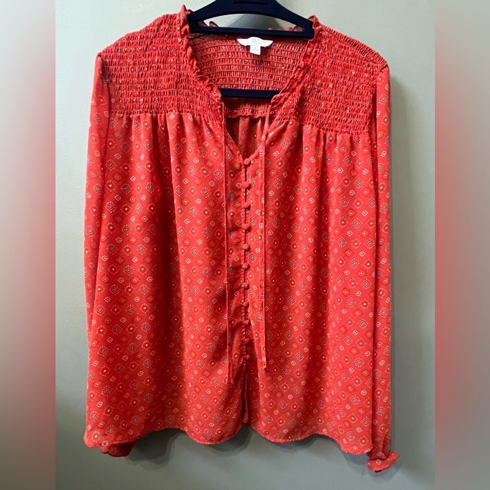 Time and Tru Boho Sheer Patterned Blouse XL 16-18 Dark Orange Red Plus Size